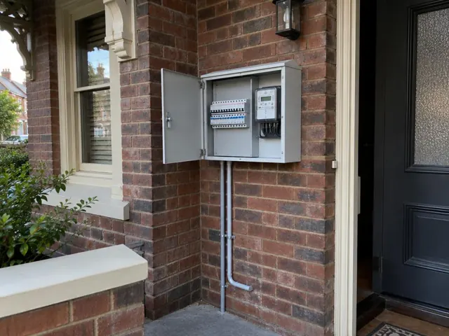 Open electrical switchboard cabinet on a brick exterior wall beside a front door in Dulwich Hill